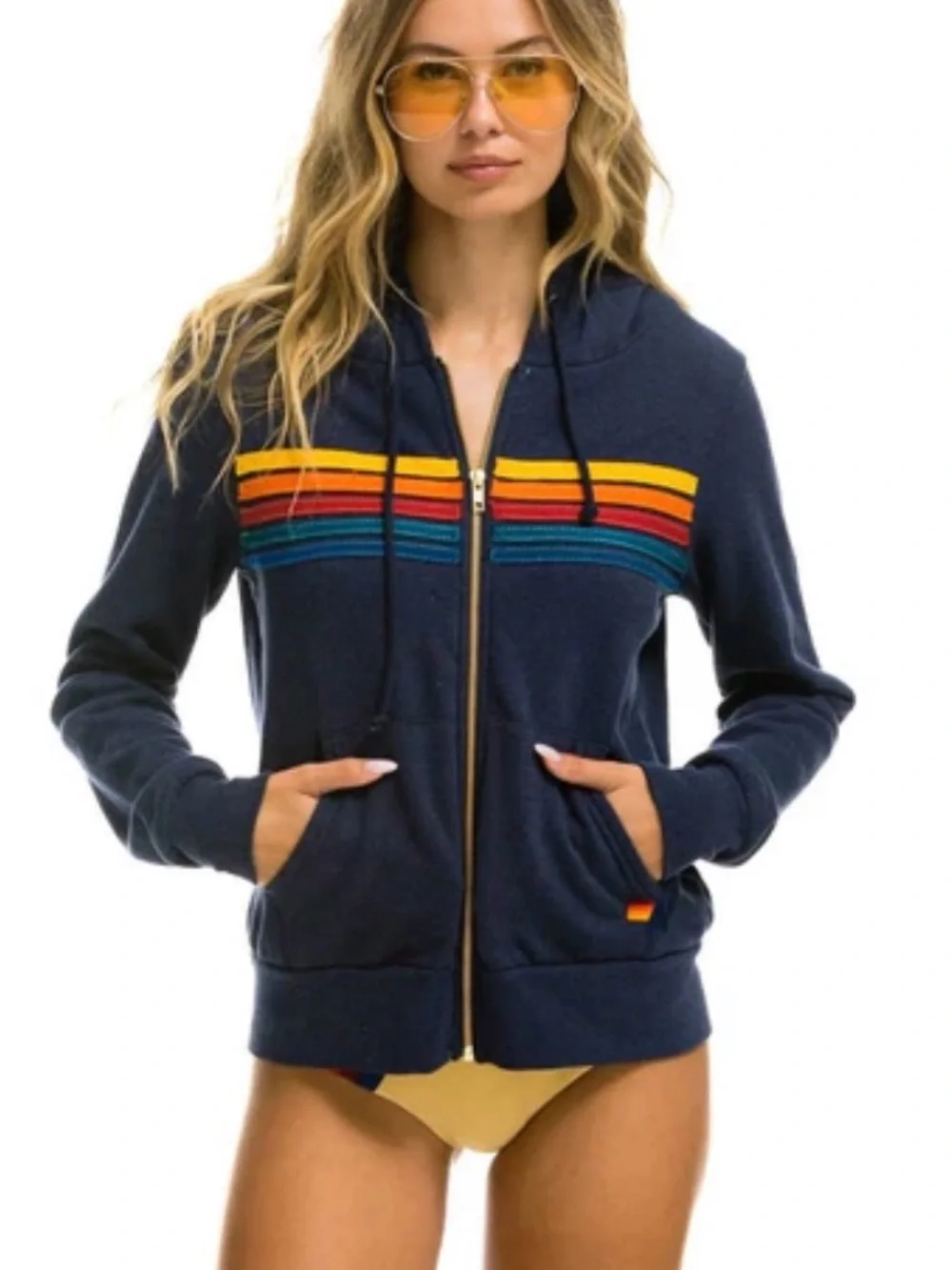 Aviator Nation Navy Zip Hoodie with Retro Rainbow Stripes kids size 12! - Picture 1 of 2